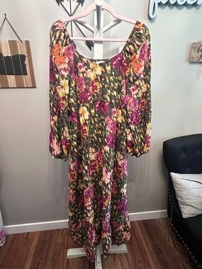 Terra & Sky Olive Maxi Dress with Magenta and Yellow Floral Print